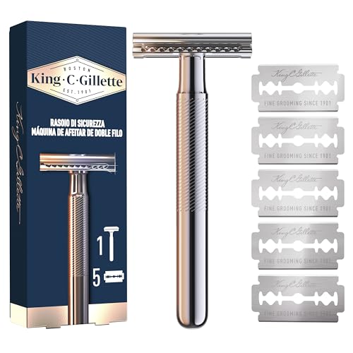 Gillette King C. Maquinilla De Afeitar Doble Filo Barba, Para Hombre + 5 Cuchillas Recambio, Las Mejores Hojas Con Revestimiento Platino