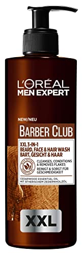 L'Oréal Men Expert Champú para hombres en pack XXL, para barba, cara y cabello, calmante y nutritivo gracias al aceite de madera de cedro, Barber Club, cuidado de la barba