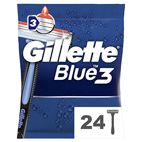 Gillette Blue3 Maquinillas Desechables Para Hombre x 24, Tres Hojas De Afeitar Con Cabezal Pivotante 40° Y Banda Lubricante