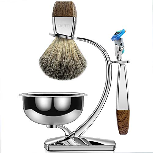 Juegos de regalo GRUTTI Razor para hombres, kit de afeitado manual con soporte resistente y tazón de jabón y brocha de afeitar y navaja Badger, compatible con Fusion 5