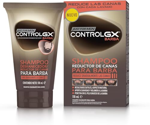 Just For Men Control GX Champú y Tinte Para Barba, Reduce Gradualmente El pelo Gris en Cada Lavado Para Resultados Sutiles Y Naturales, Para Todos Los Tonos, 118 ml