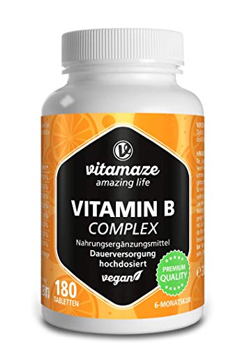 Vitamaze® Vitamina B Complex con 180 Tabletas Veganas de Dosis Alta del para 6 Meses de Suministro B1, B2, B3, B5, B6, B7, B9, B12, Organica Suplemento sin Aditivos Innecesarios, Calidad Alemana