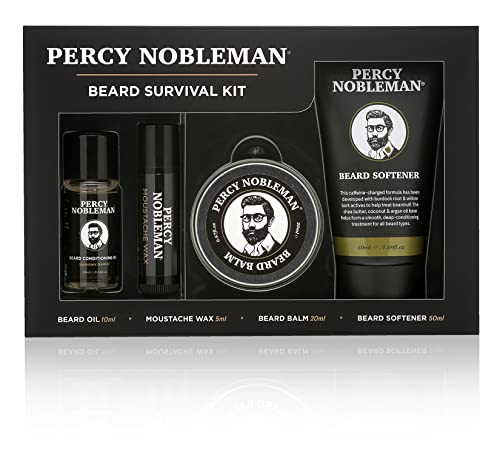 Kit de supervivencia para barba de Percy Nobleman, un kit de cuidado de la barba que contiene aceite para barba perfumado, bálsamo para barba, cera para bigote y suavizante para barba