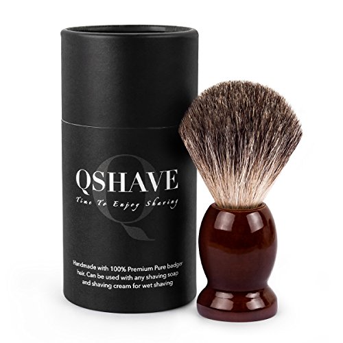 QSHAVE - Brocha de afeitar hecha a mano de 100% pelo de tejón auténtico y puro con mango de madera.
