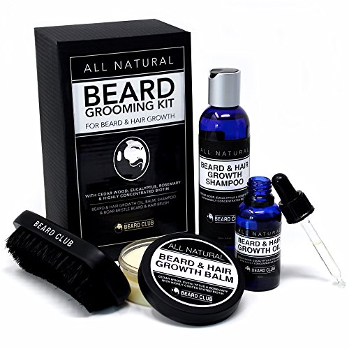 Kit de Aseo Para Barba Completamente Natural - Crecimiento de la Barba y del Vello - Aceite, Bálsamo, Champú y Cepillo Para Barba - El Mejor Kit de Regalo Para el Cuidado de la Barba