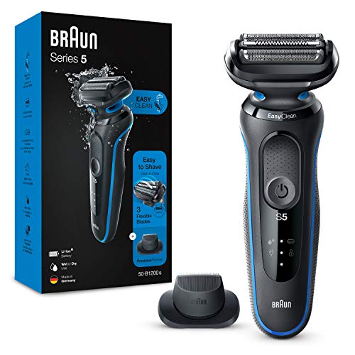 Braun Series 5 Afeitadora Eléctrica Hombre, Máquina de Afeitar Barba con Recortadora de Precisión y Tecnología Easy Clean (Fácil de Limpiar), Recargable, Inalámbrica, 50-B1200 S, Azul