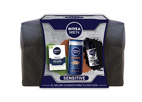 NIVEA MEN Sensitive Neceser, set de baño con desodorante roll on invisible (1 x 50 ml), gel de ducha (1 x 250 ml) y bálsamo aftershave (1 x 100 ml), set para hombre